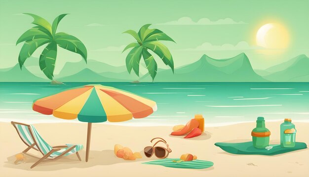 a cartoon illustration of a beach scene with a palm tree and a beach umbrella