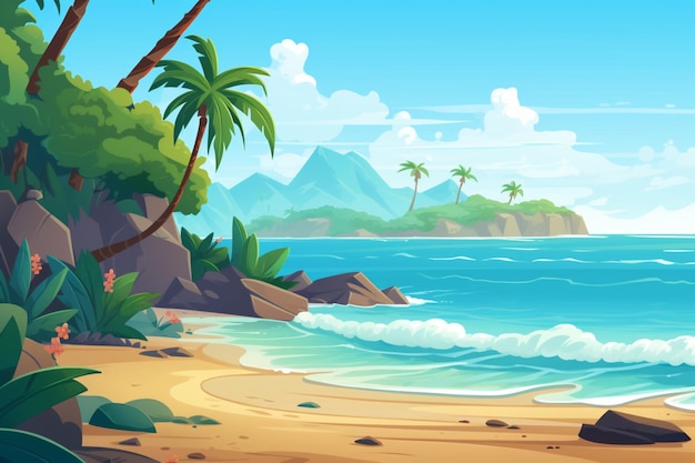 Photo a cartoon illustration of a beach scene with palm trees and a beach scene