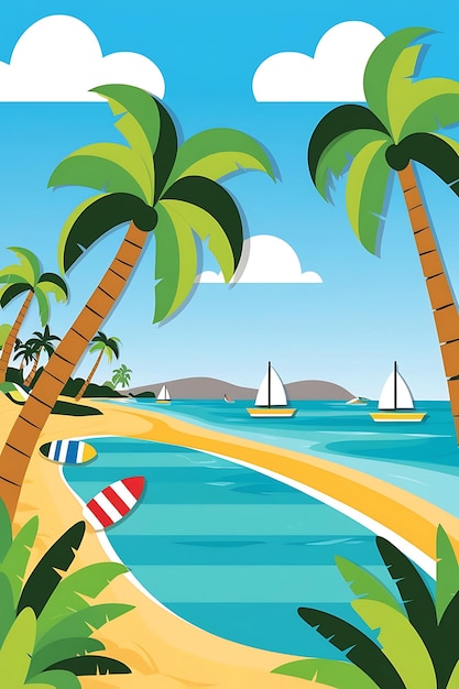 a cartoon illustration of a beach scene with palm trees and a boat