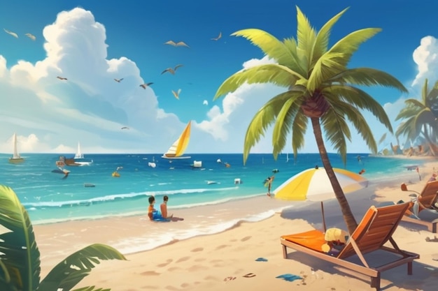 a cartoon illustration of a beach scene with people sitting on the beach