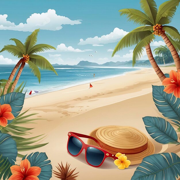 a cartoon illustration of a beach scene with sunglasses and a hat on the beach