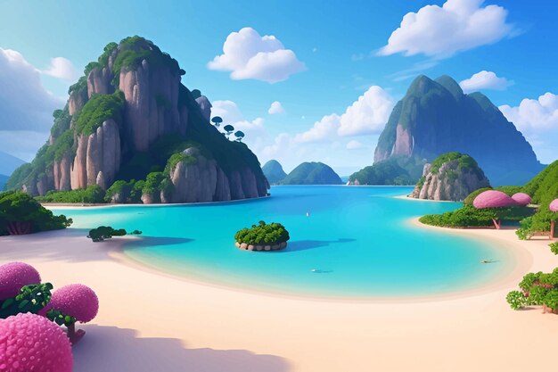 a cartoon illustration of a beach with a beach and mountains in the background