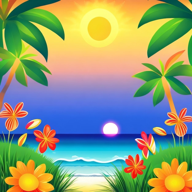 A cartoon illustration of a beach with a tropical scene and a sun and flowers.