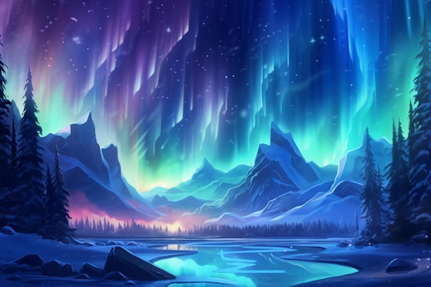 A cartoon illustration of a beautiful aurora bore with a river and mountains generative ai