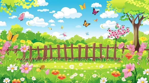 Cartoon illustration of a beautiful spring garden with a wooden fence flowers butterflies and a tree