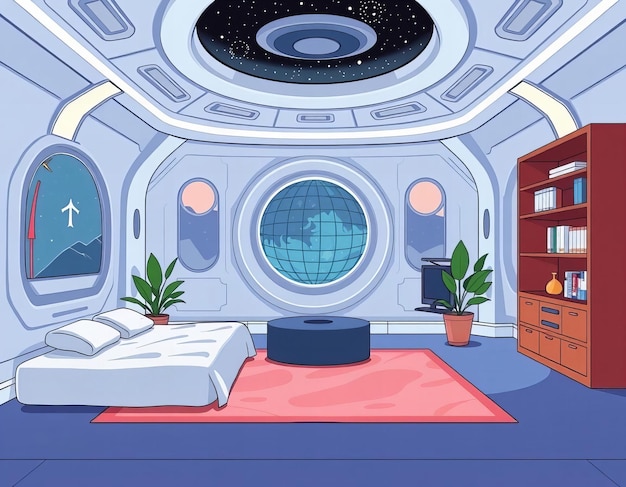 Photo cartoon illustration of a bedroom with a bed a bookcase and a television