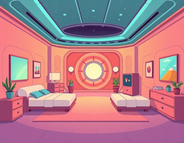 Photo cartoon illustration of a bedroom with a bed dressers and a television