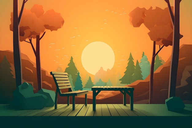 A cartoon illustration of a bench in front of a sunset.