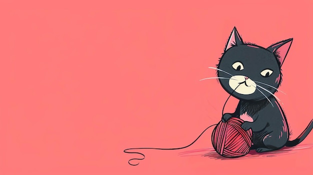 A cartoon illustration of a black cat playing with a ball of yarn on a pink background