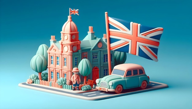 a cartoon illustration of a blue car and a building with a flag on it