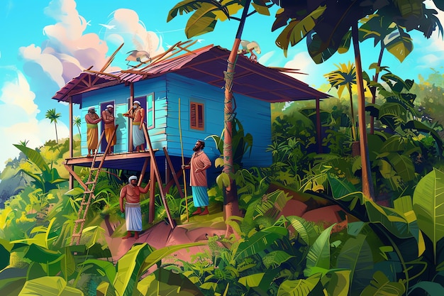 a cartoon illustration of a blue house with people standing in front of it