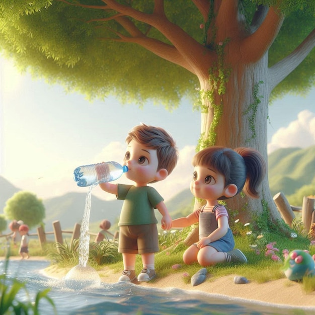 a cartoon illustration of a boy and a girl drinking water from a water bottle