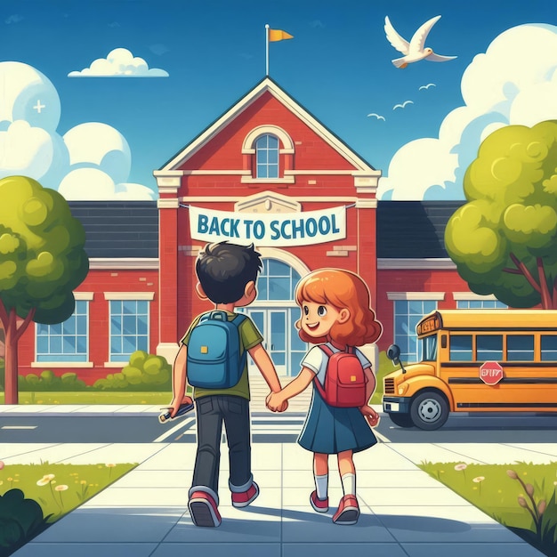 a cartoon illustration of a boy and girl holding hands and a school in the background