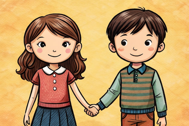 Photo a cartoon illustration of a boy and a girl holding hands