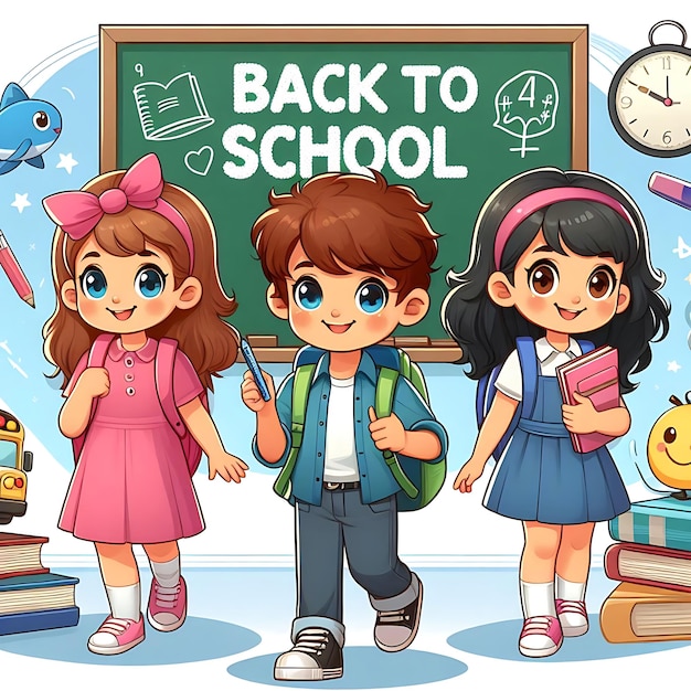 a cartoon illustration of a boy and girl with a chalkboard with the words back to school