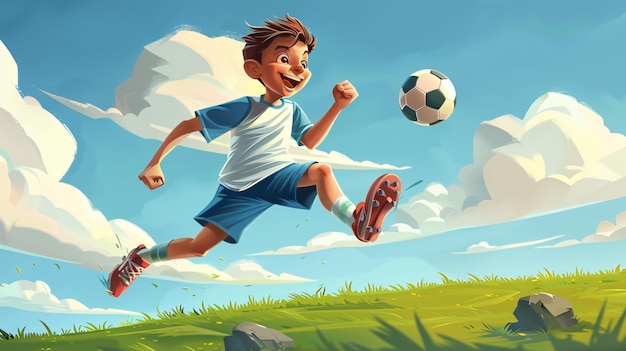 a cartoon illustration of a boy kicking a soccer ball