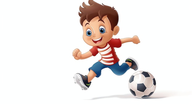 A cartoon illustration of a boy kicking a soccer ball