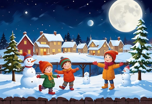 a cartoon illustration of a boy and a snowman with a full moon in the background