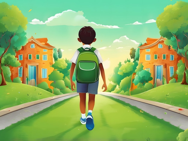 a cartoon illustration of a boy with a backpack walking down a street