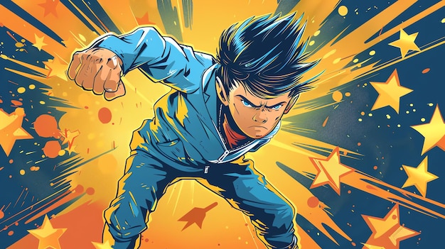 A cartoon illustration of a boy with blue hair a red shirt and a determined expression