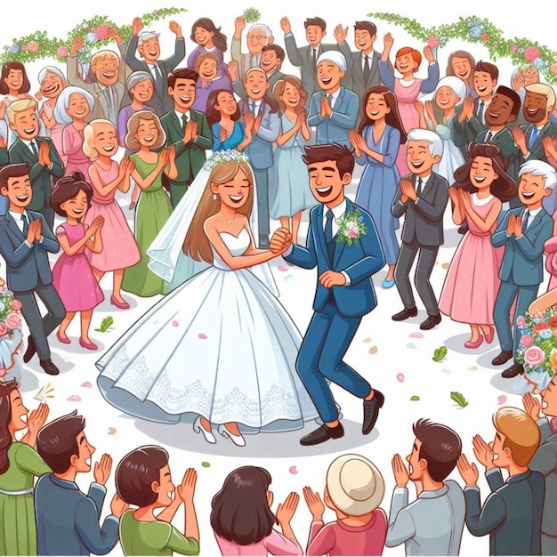 a cartoon illustration of a bride and groom dancing with others