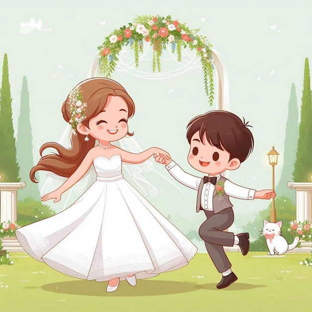 a cartoon illustration of a bride and groom holding hands