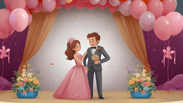 Photo a cartoon illustration of a bride and groom with balloons and a bride in a tuxedo