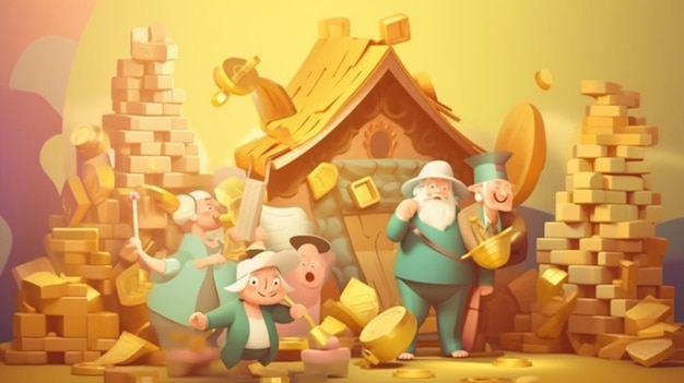 A cartoon illustration of a building with a gold roof and a bunch of people.