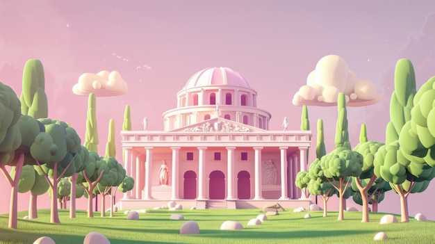 a cartoon illustration of a building with a pink background