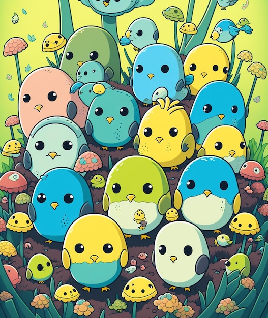 A cartoon illustration of a bunch of birds with a yellow flower on the bottom.