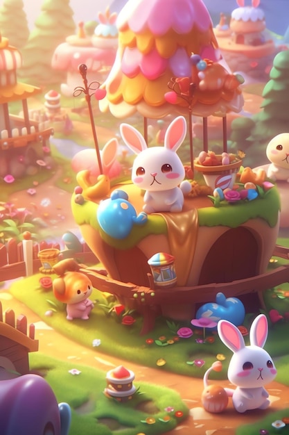 A cartoon illustration of a bunny on top of a tree house.