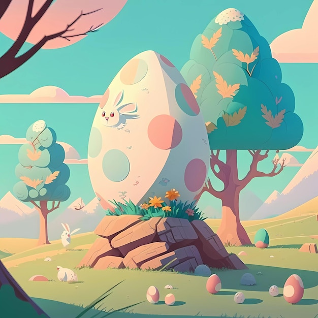 A cartoon illustration of a bunny with a large egg in the middle of a field.