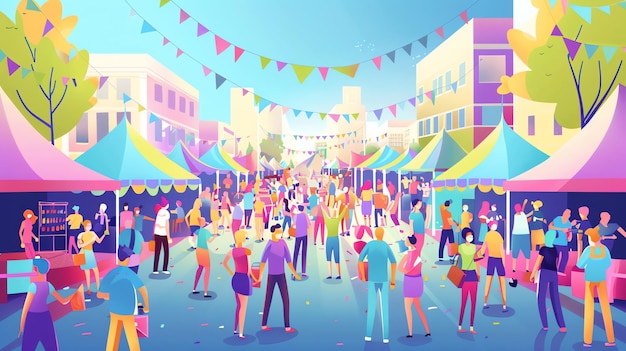 A cartoon illustration of a busy outdoor street market with many people