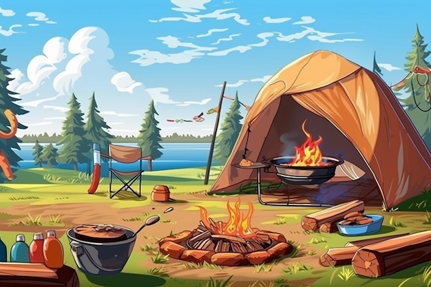 Cartoon illustration of a camping site with a fire and a tent generative ai