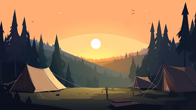 A cartoon illustration of a camping tent near a forest lake at sunset outdoor exploration travel