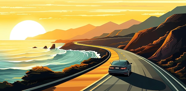 cartoon illustration of a car driving on a winding road near the ocean