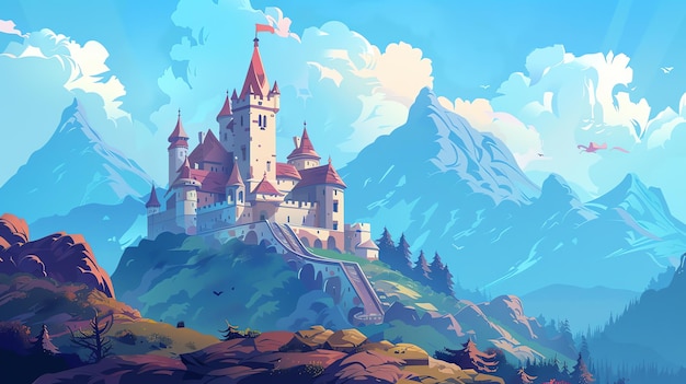 A cartoon illustration of a castle on a mountain with a blue sky and clouds