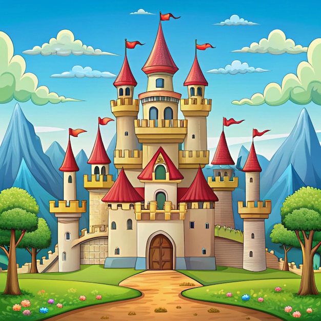 a cartoon illustration of a castle with a blue sky and clouds