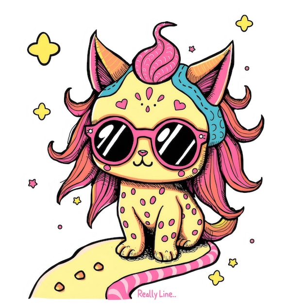 Photo cartoon illustration of a cat with pink and yellow hair wearing sunglasses