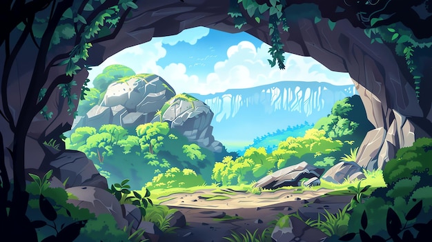 Photo a cartoon illustration of a cave opening with a forest and waterfall in the background