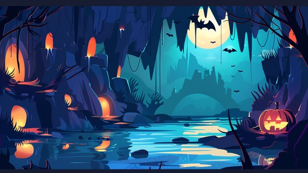 Photo a cartoon illustration of a cave with a lake and a waterfall with a blue light