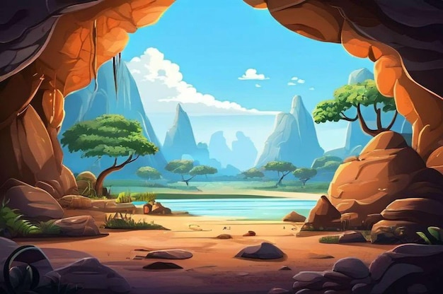 Photo a cartoon illustration of a cave with a mountain in the background