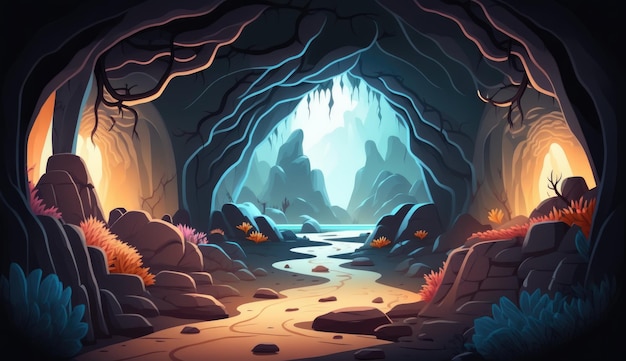 A cartoon illustration of a cave with a river in the middle.