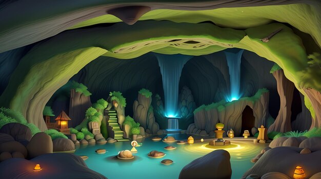 a cartoon illustration of a cave with a waterfall and a pool with a waterfall in the background