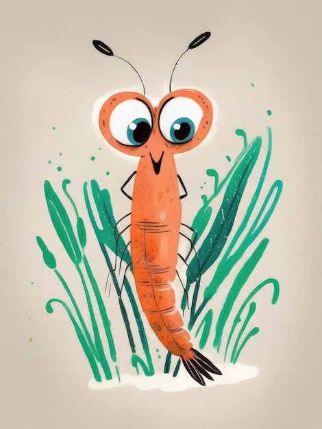 Photo cartoon illustration of a cheerful orange shrimp with big eyes standing on light background