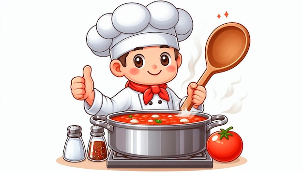 Photo a cartoon illustration of a chef cooking with a spoon and tomato sauce