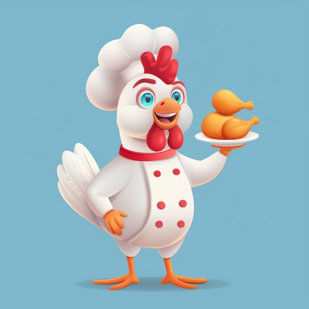 Photo cartoon illustration of a chicken holding a plate of fried chicken drumsticks for a fast food