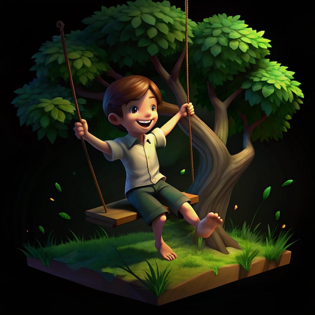 Photo a cartoon illustration of a child on a swing with a cartoon character on it