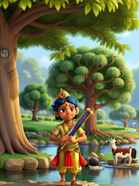 Photo a cartoon illustration of a child with a sword and a dog in the background