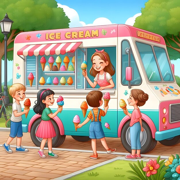 Photo a cartoon illustration of children eating ice cream from a food truck